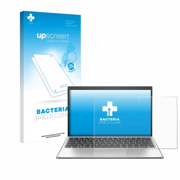Vorderseite einer Produktverpackung mit dem Markenlogo upscreen. Daneben ist das Gerät HP Elite x2 G4 mit dem zugehörigen Disp