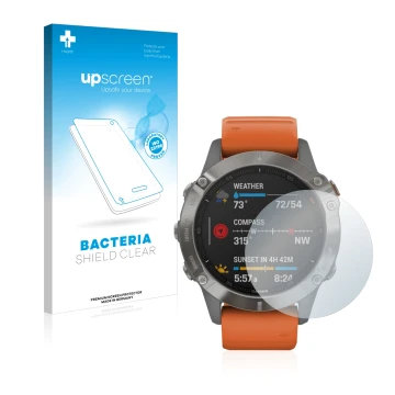 Vorderseite einer Produktverpackung mit dem Markenlogo upscreen. Daneben ist das Gerät Garmin Fenix 6 mit dem zugehörigen Disp