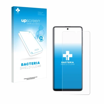 Vorderseite einer Produktverpackung mit dem Markenlogo upscreen. Daneben ist das Gerät Samsung Galaxy A71 mit dem zugehörigen 