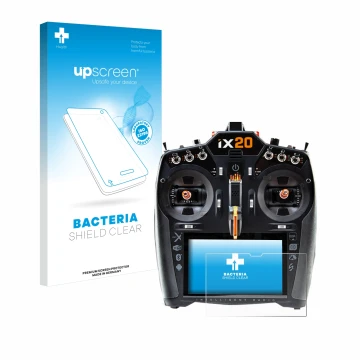 Vorderseite einer Produktverpackung mit dem Markenlogo upscreen. Daneben ist das Gerät Spektrum iX20 mit dem zugehörigen Displ