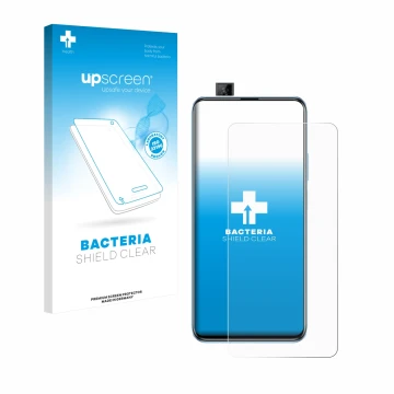 Vorderseite einer Produktverpackung mit dem Markenlogo upscreen. Daneben ist das Gerät Huawei P smart Pro 2019 mit dem zugehör