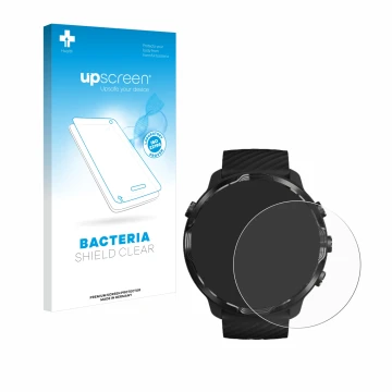 Vorderseite einer Produktverpackung mit dem Markenlogo upscreen. Daneben ist das Gerät Suunto 7 mit dem zugehörigen Displaysch