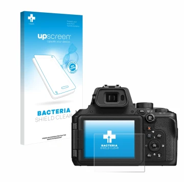 Vorderseite einer Produktverpackung mit dem Markenlogo upscreen. Daneben ist das Gerät Nikon Coolpix P950 mit dem zugehörigen 