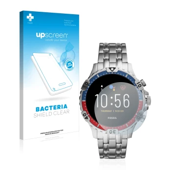 Vorderseite einer Produktverpackung mit dem Markenlogo upscreen. Daneben ist das Gerät Fossil Garrett HR (5. Gen) mit dem zuge