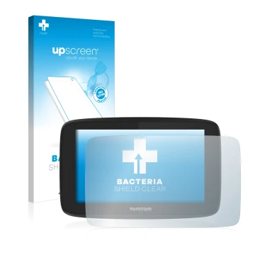 Vorderseite einer Produktverpackung mit dem Markenlogo upscreen. Daneben ist das Gerät TomTom Go Professional 520 mit dem zuge