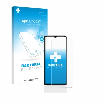 Vorderseite einer Produktverpackung mit dem Markenlogo upscreen. Daneben ist das Gerät Samsung Galaxy A41 mit dem zugehörigen 