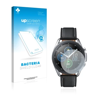 Vorderseite einer Produktverpackung mit dem Markenlogo upscreen. Daneben ist das Gerät Samsung Galaxy Watch 3 (41mm) mit dem z
