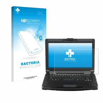 Vorderseite einer Produktverpackung mit dem Markenlogo upscreen. Daneben ist das Gerät Panasonic Toughbook FZ-55 Touch mit dem