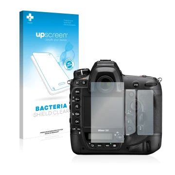 Vorderseite einer Produktverpackung mit dem Markenlogo upscreen. Daneben ist das Gerät Nikon D6 mit dem zugehörigen Displaysch