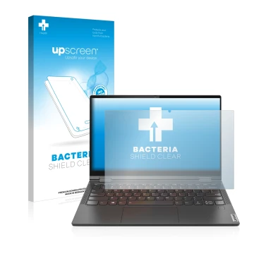 Vorderseite einer Produktverpackung mit dem Markenlogo upscreen. Daneben ist das Gerät Lenovo Yoga C640 mit dem zugehörigen Di