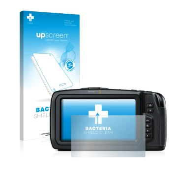 Vorderseite einer Produktverpackung mit dem Markenlogo upscreen. Daneben ist das Gerät Blackmagic Pocket Cinema Camera 6K mit 