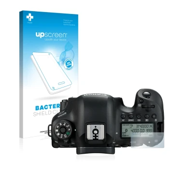 Vorderseite einer Produktverpackung mit dem Markenlogo upscreen. Daneben ist das Gerät Canon EOS 6D (Schulterdisplay) mit dem 