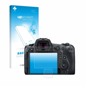 Vorderseite einer Produktverpackung mit dem Markenlogo upscreen. Daneben ist das Gerät Canon EOS R5 mit dem zugehörigen Displa