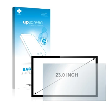 Vorderseite einer Produktverpackung mit dem Markenlogo upscreen. Daneben ist das Gerät mit dem zugehörigen Displayschutz abgeb