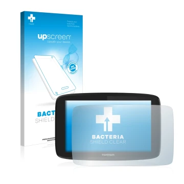 Vorderseite einer Produktverpackung mit dem Markenlogo upscreen. Daneben ist das Gerät TomTom Go Professional 6200 mit dem zug