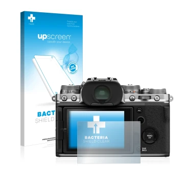 Vorderseite einer Produktverpackung mit dem Markenlogo upscreen. Daneben ist das Gerät Fujifilm X-T4 mit dem zugehörigen Displ