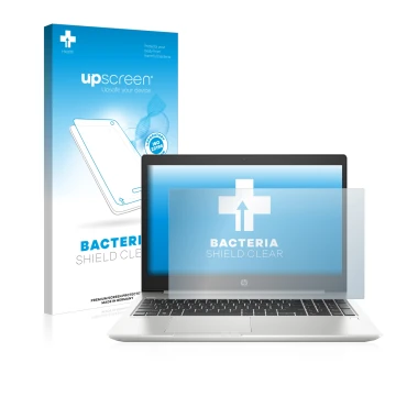 Vorderseite einer Produktverpackung mit dem Markenlogo upscreen. Daneben ist das Gerät HP ProBook 450 G6 mit dem zugehörigen D