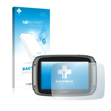 Vorderseite einer Produktverpackung mit dem Markenlogo upscreen. Daneben ist das Gerät TomTom Rider 50 mit dem zugehörigen Dis