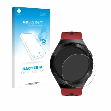 Vorderseite einer Produktverpackung mit dem Markenlogo upscreen. Daneben ist das Gerät Huawei Watch GT 2e mit dem zugehörigen 