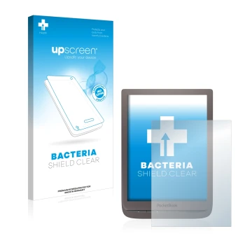 Vorderseite einer Produktverpackung mit dem Markenlogo upscreen. Daneben ist das Gerät PocketBook InkPad 3 Pro mit dem zugehör