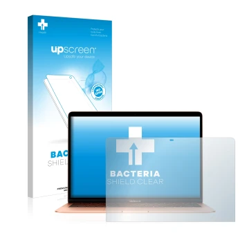 Vorderseite einer Produktverpackung mit dem Markenlogo upscreen. Daneben ist das Gerät Apple MacBook Air 13.3