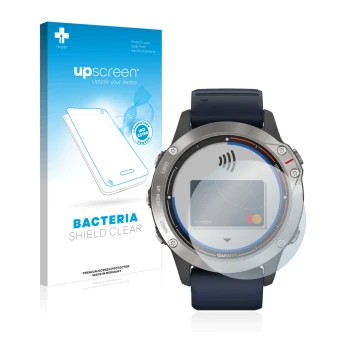 Vorderseite einer Produktverpackung mit dem Markenlogo upscreen. Daneben ist das Gerät Garmin quatix 6 mit dem zugehörigen Dis
