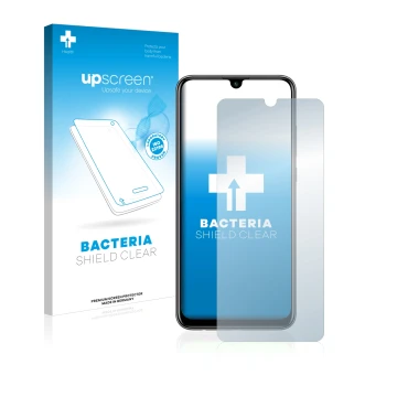 Vorderseite einer Produktverpackung mit dem Markenlogo upscreen. Daneben ist das Gerät Huawei P smart 2020 mit dem zugehörigen
