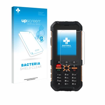 Vorderseite einer Produktverpackung mit dem Markenlogo upscreen. Daneben ist das Gerät RugGear RG170 mit dem zugehörigen Displ