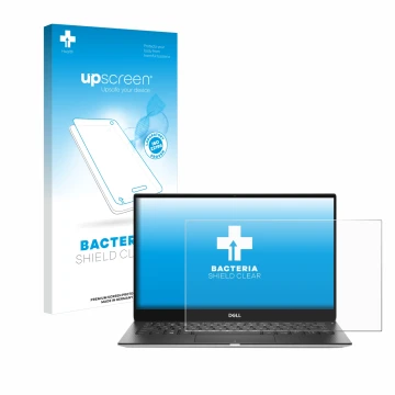 Vorderseite einer Produktverpackung mit dem Markenlogo upscreen. Daneben ist das Gerät Dell XPS 13 7390 mit dem zugehörigen Di