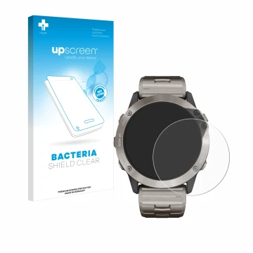 Vorderseite einer Produktverpackung mit dem Markenlogo upscreen. Daneben ist das Gerät Garmin quatix 6x Solar mit dem zugehöri