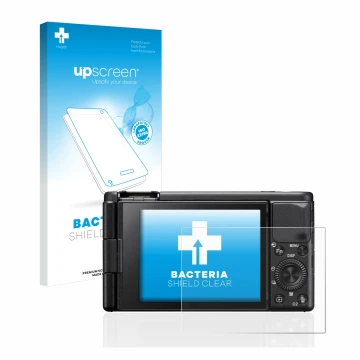 Vorderseite einer Produktverpackung mit dem Markenlogo upscreen. Daneben ist das Gerät Sony ZV-1 mit dem zugehörigen Displaysc