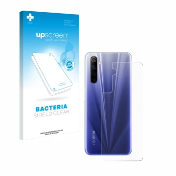 Vorderseite einer Produktverpackung mit dem Markenlogo upscreen. Daneben ist das Gerät realme 6 (Rückseite) mit dem zugehörige