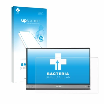 Vorderseite einer Produktverpackung mit dem Markenlogo upscreen. Daneben ist das Gerät ASUS ZenScreen MB16AC mit dem zugehörig