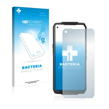 Vorderseite einer Produktverpackung mit dem Markenlogo upscreen. Daneben ist das Gerät Oukitel WP7 mit dem zugehörigen Display