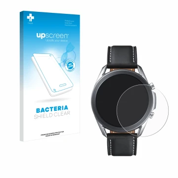 Vorderseite einer Produktverpackung mit dem Markenlogo upscreen. Daneben ist das Gerät Samsung Galaxy Watch 3 (45mm) mit dem z