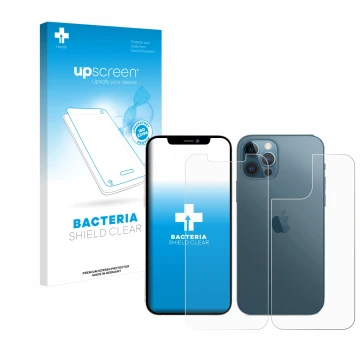 Vorderseite einer Produktverpackung mit dem Markenlogo upscreen. Daneben ist das Gerät Apple iPhone 12 Pro Max (Display+Rückse