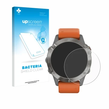 Vorderseite einer Produktverpackung mit dem Markenlogo upscreen. Daneben ist das Gerät Garmin Fenix 6 Pro Solar mit dem zugehö