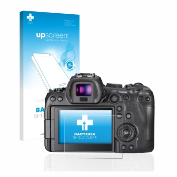 Vorderseite einer Produktverpackung mit dem Markenlogo upscreen. Daneben ist das Gerät Canon EOS R6 mit dem zugehörigen Displa