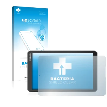 Vorderseite einer Produktverpackung mit dem Markenlogo upscreen. Daneben ist das Gerät Garmin Camper 890 mit dem zugehörigen D