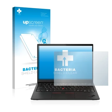 Vorderseite einer Produktverpackung mit dem Markenlogo upscreen. Daneben ist das Gerät Lenovo ThinkPad X1 Nano mit dem zugehör