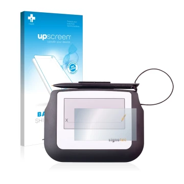 Vorderseite einer Produktverpackung mit dem Markenlogo upscreen. Daneben ist das Gerät Signotec Signature Sigma Lite mit dem z