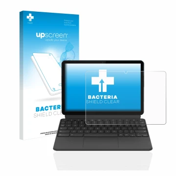 Vorderseite einer Produktverpackung mit dem Markenlogo upscreen. Daneben ist das Gerät Lenovo IdeaPad Duet Chromebook 10.1