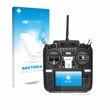 Vorderseite einer Produktverpackung mit dem Markenlogo upscreen. Daneben ist das Gerät Radiomaster TX16S mit dem zugehörigen D
