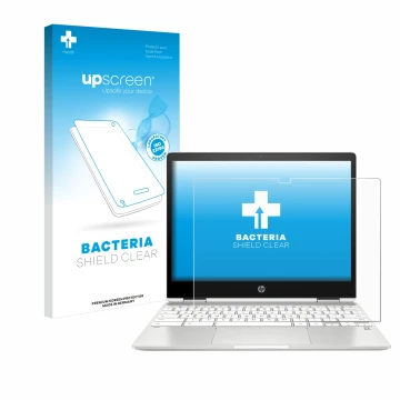 Vorderseite einer Produktverpackung mit dem Markenlogo upscreen. Daneben ist das Gerät HP Chromebook x360 12b-ca0005nf mit dem