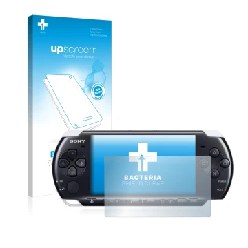 Vorderseite einer Produktverpackung mit dem Markenlogo upscreen. Daneben ist das Gerät Sony PSP 3003 mit dem zugehörigen Displ