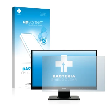 Vorderseite einer Produktverpackung mit dem Markenlogo upscreen. Daneben ist das Gerät Iiyama ProLite T2252MSC-B1 mit dem zuge