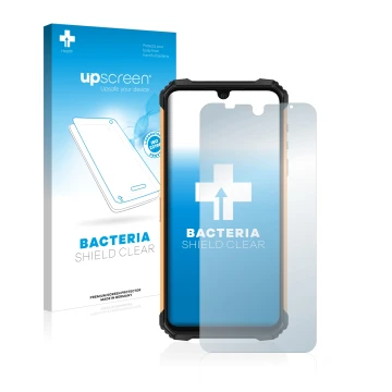 Vorderseite einer Produktverpackung mit dem Markenlogo upscreen. Daneben ist das Gerät Ulefone Armor 8 mit dem zugehörigen Dis