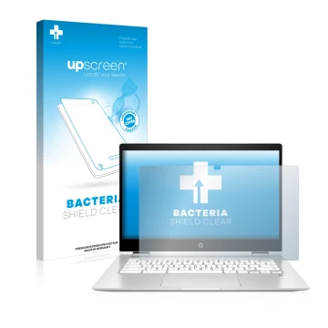 Vorderseite einer Produktverpackung mit dem Markenlogo upscreen. Daneben ist das Gerät HP Chromebook x360 (14b-caX) mit dem zu