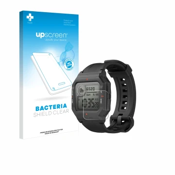 Vorderseite einer Produktverpackung mit dem Markenlogo upscreen. Daneben ist das Gerät Huami Amazfit Neo mit dem zugehörigen D