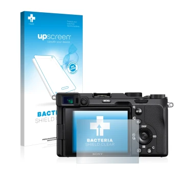 Vorderseite einer Produktverpackung mit dem Markenlogo upscreen. Daneben ist das Gerät Sony A7C mit dem zugehörigen Displaysch